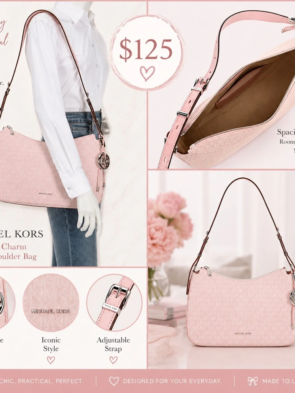 Michael Kors Light Pink Leather Shoulder Bag with MK Charm